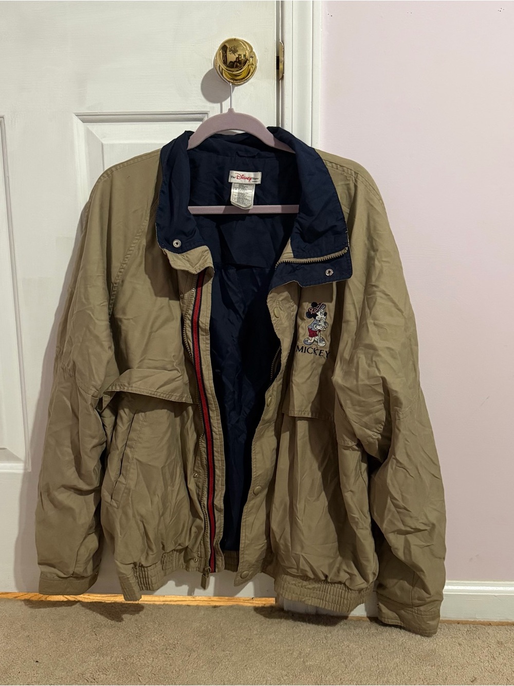 Disney Khaki Bomber Jacket with Navy Interior and Mickey Detail